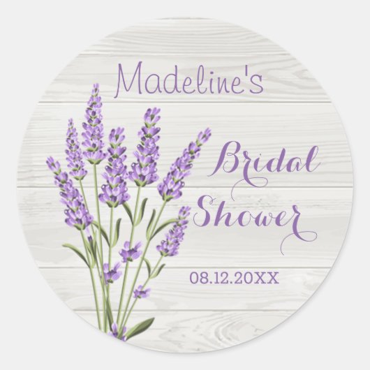 Sticker Rond Fleurs de lavande violettes sur bois Baby Shower (Devant)