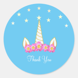 Sticker Rond Fleurs de licorne et étoiles Merci