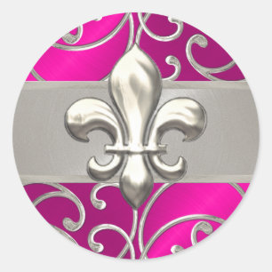 Sticker Rond Fleurs de Lis roses chaudes et argentées en fibre