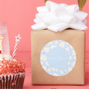 Sticker Rond Fleurs de marguerite bleue chic et blanche