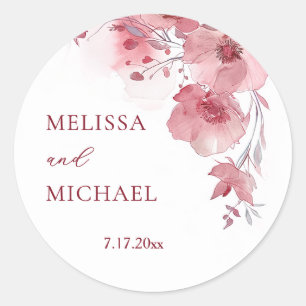 Sticker Rond Fleurs de mariage aquarelle rose poussiéreux