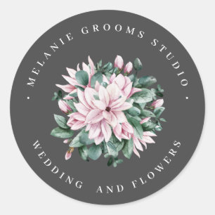Sticker Rond Fleurs de mariage gris foncé magnolia et eucalyptu