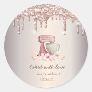 Sticker Rond Fleurs de Mixeur Rose Doré Paillettes Gouttes Boul