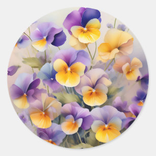 Sticker Rond Fleurs de Pansy délicates dans l'aquarelle douce