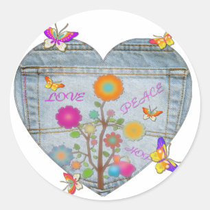 Sticker Rond Fleurs de papillons en cœur de poche en denim