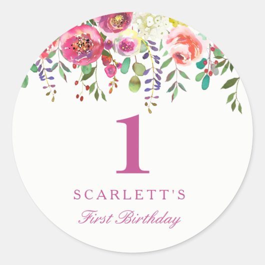 Sticker Rond Fleurs de Pêche rose Fille 1er anniversaire Favori (Devant)