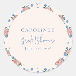Sticker Rond Fleurs de Pivoine Rétro à Points Bleus Mariage Per