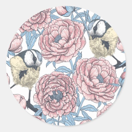 Sticker Rond Fleurs de pivoines et oiseaux (Devant)