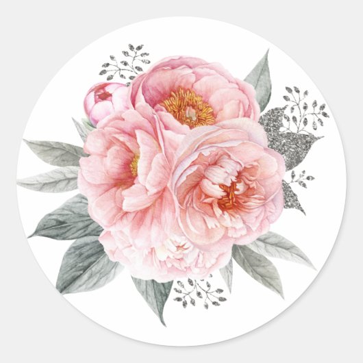 Sticker Rond Fleurs de pivoines rose et gris pastel (Devant)