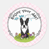 Sticker Rond Fleurs de printemps Boston Terrier Chien (noir) mi (Devant)