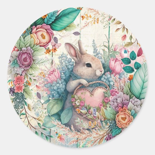 Sticker Rond Fleurs de printemps de lapin de Pâques mignonnes (Devant)