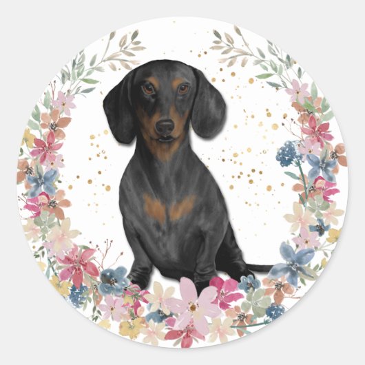 Sticker Rond Fleurs de printemps Tan Noir Dachshund Wreath (Devant)