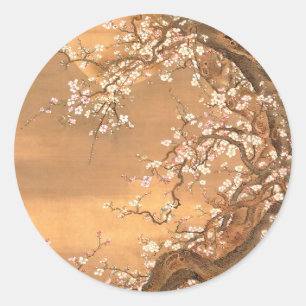 Sticker Rond Fleurs de prune rose et blanche au clair de lune,