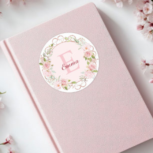 Sticker Rond Fleurs de rose rose poudré en aquarelle à monogram