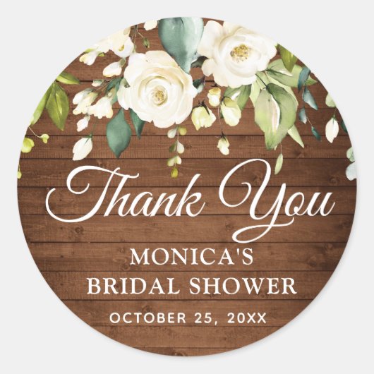 Sticker Rond Fleurs de Roses Blanches de Bois Shower de Mariage (Devant)