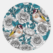Sticker Rond Fleurs de roses blanches et oiseaux d'or (Devant)