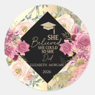 Sticker Rond Fleurs de roses casquette dorée message de motivat