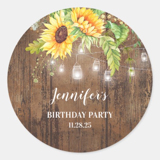 Sticker Rond Fleurs de soleil, bois rustique et lumières (Devant)