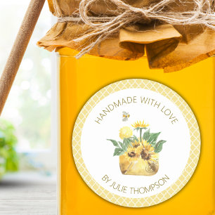 Sticker Rond Fleurs de soleil et abeilles 🍯 Miel jaune