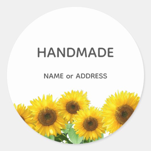 Sticker Rond Fleurs de soleil et texte artisanal en blanc (Devant)