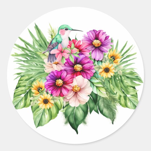 Sticker Rond Fleurs de soleil gaies et fleurs tropicales (Devant)