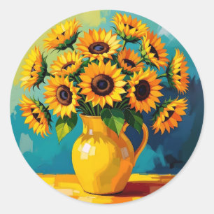 Sticker Rond Fleurs de soleil jaunes dans un vase jaune