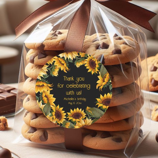 Sticker Rond Fleurs de soleil jaunes Merci d'anniversaire noir