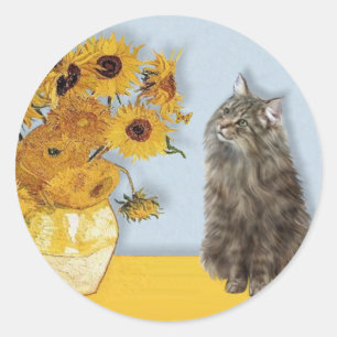 Sticker Rond Fleurs de soleil - Norwegian Forest cat