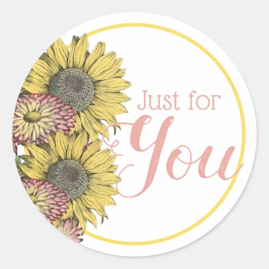 Sticker Rond Fleurs de soleil rustiques Merci rose jaune (Devant)