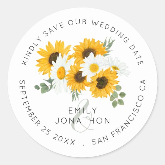 Sticker Rond Fleurs de tournesol Élégant Enregistrer La Date (Devant)