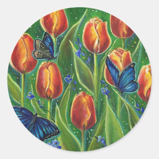 Sticker Rond Fleurs de tulipe aux papillons de Renée Lavoie (Devant)