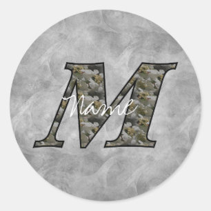 Sticker Rond Fleurs d'hydrangea Monogramme Initiale M Personnal