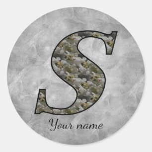 Sticker Rond Fleurs d'hydrangea Monogramme Initiale S Personnal