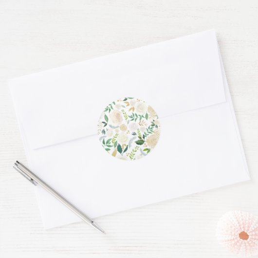 Sticker Rond Fleurs d'ivoire romantiques et Motif de verdure Bl (Enveloppe)