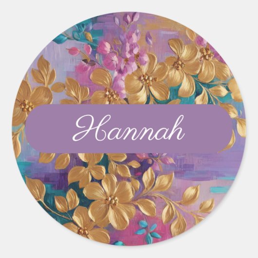 Sticker Rond Fleurs D'Or Peintes Sur Lilac Rose Turquoise (Devant)
