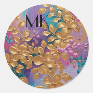 Sticker Rond Fleurs D'Or Peintes Sur Lilac Rose Turquoise