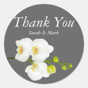 Sticker Rond Fleurs d'orchidées blanches et Merci Mariage gris