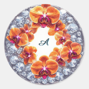 Sticker Rond Fleurs d'orchidées enchâssées dans des cristaux