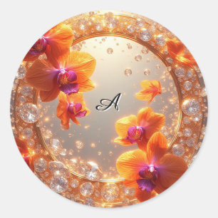 Sticker Rond Fleurs d'orchidées enchâssées dans des cristaux