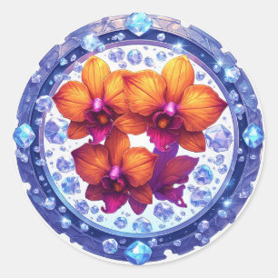 Sticker Rond Fleurs d'orchidées enchâssées dans des cristaux
