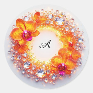 Sticker Rond Fleurs d'orchidées enchâssées dans des cristaux