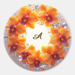 Sticker Rond Fleurs d'orchidées enchâssées dans des cristaux