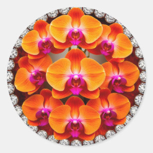 Sticker Rond Fleurs d'orchidées enchâssées dans des cristaux