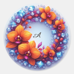 Sticker Rond Fleurs d'orchidées enchâssées dans des cristaux