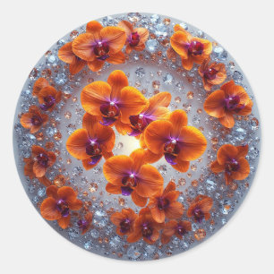Sticker Rond Fleurs d'orchidées enchâssées dans des cristaux