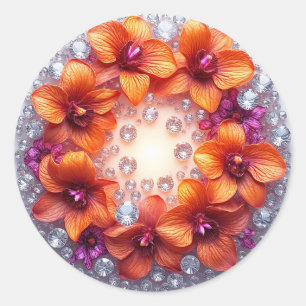 Sticker Rond Fleurs d'orchidées enchâssées dans des cristaux