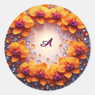 Sticker Rond Fleurs d'orchidées enchâssées dans des cristaux