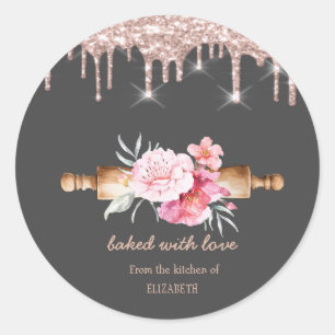 Sticker Rond Fleurs d'un rouleau à pâtisserie Rose Gold Drips B