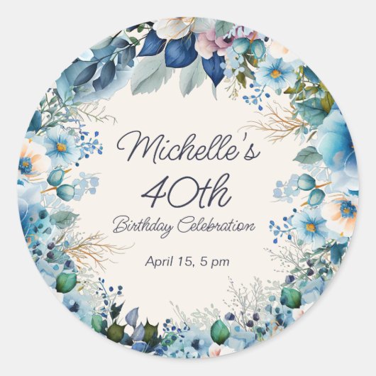 Sticker Rond Fleurs élégantes bleues et blanches pour les 40 an (Devant)