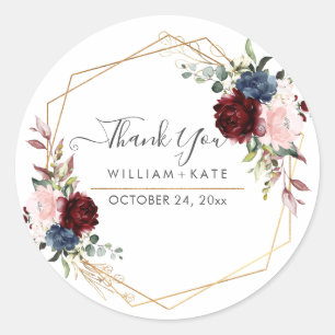 Sticker Rond Fleurs Élegantes Blush Bourgogne Bleu Poussiéreux 